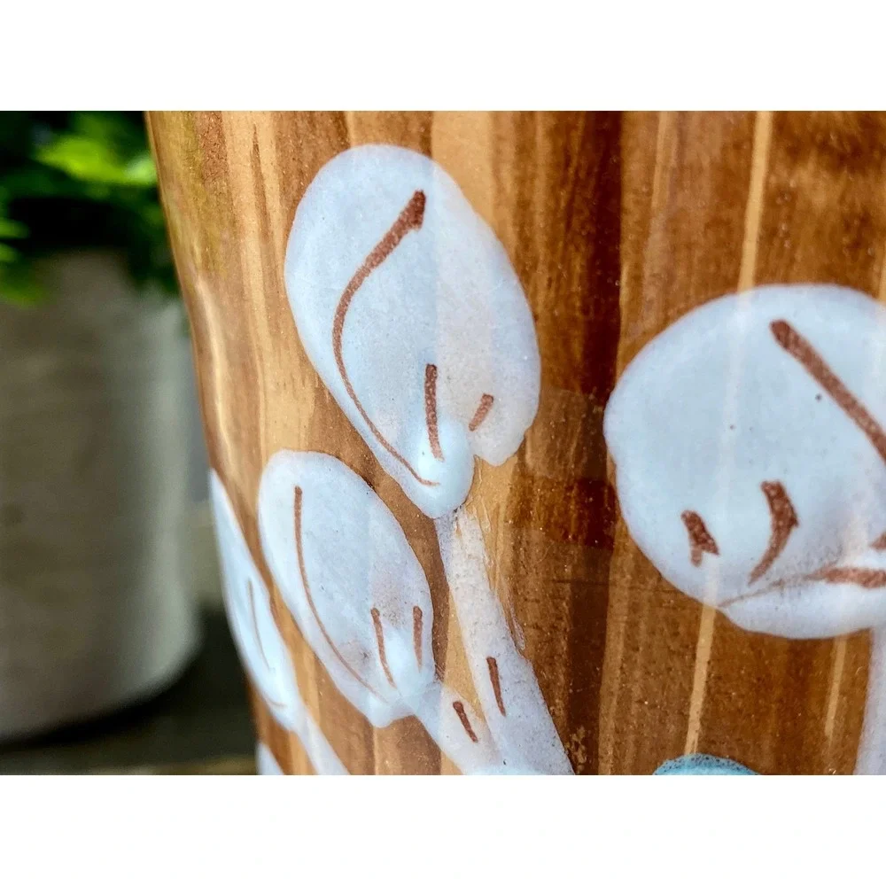 Italy Pottery Vase Wood Grain‎ Glaze Blue Flower Relief 8 Inch